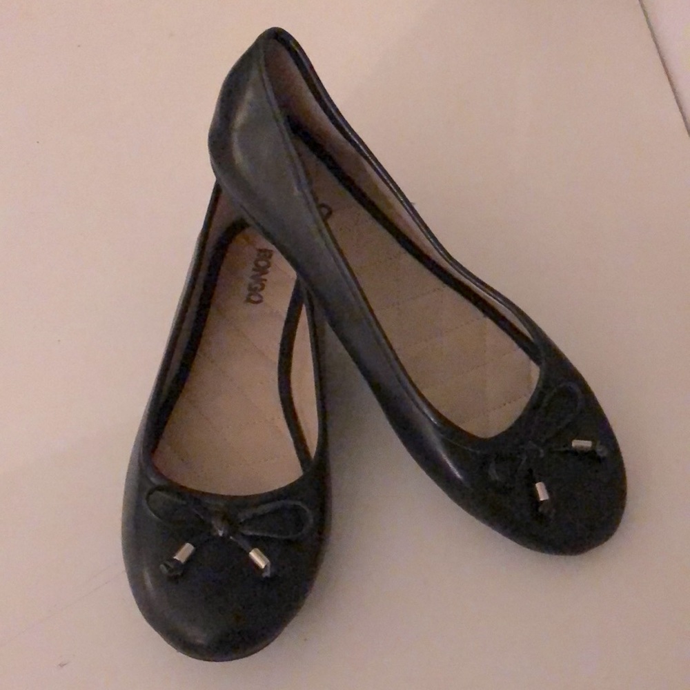 BONGO black flats with black bow with silver accents on ends of bows on front